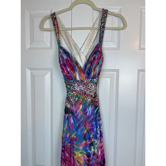 LaFemme Paris Sequin Prom Gown Women's 4 Flowy Silk Beaded Multicolor Open Sides - Picture 5 of 16